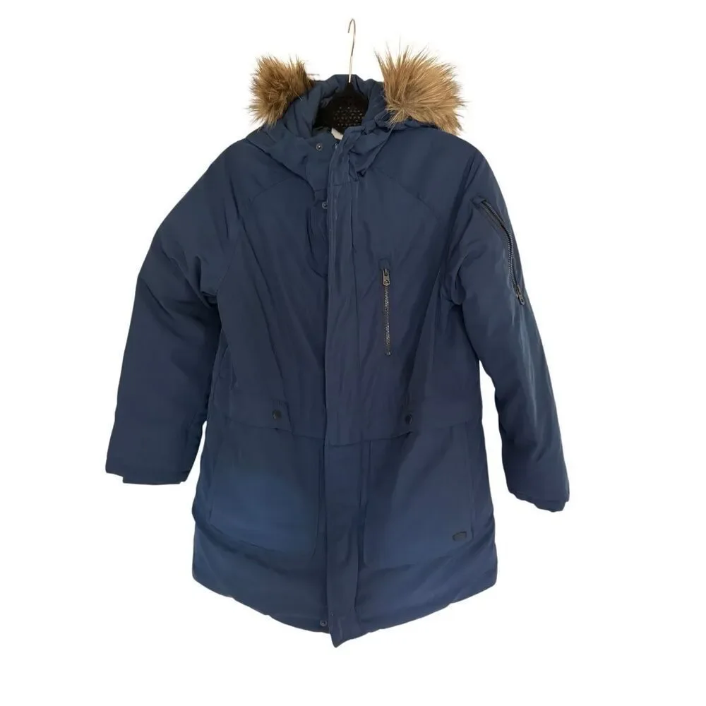 Zara Kids Navy Blue Faux Fur Trim Hooded Full Zip Down Parka Jacket Size 11/12